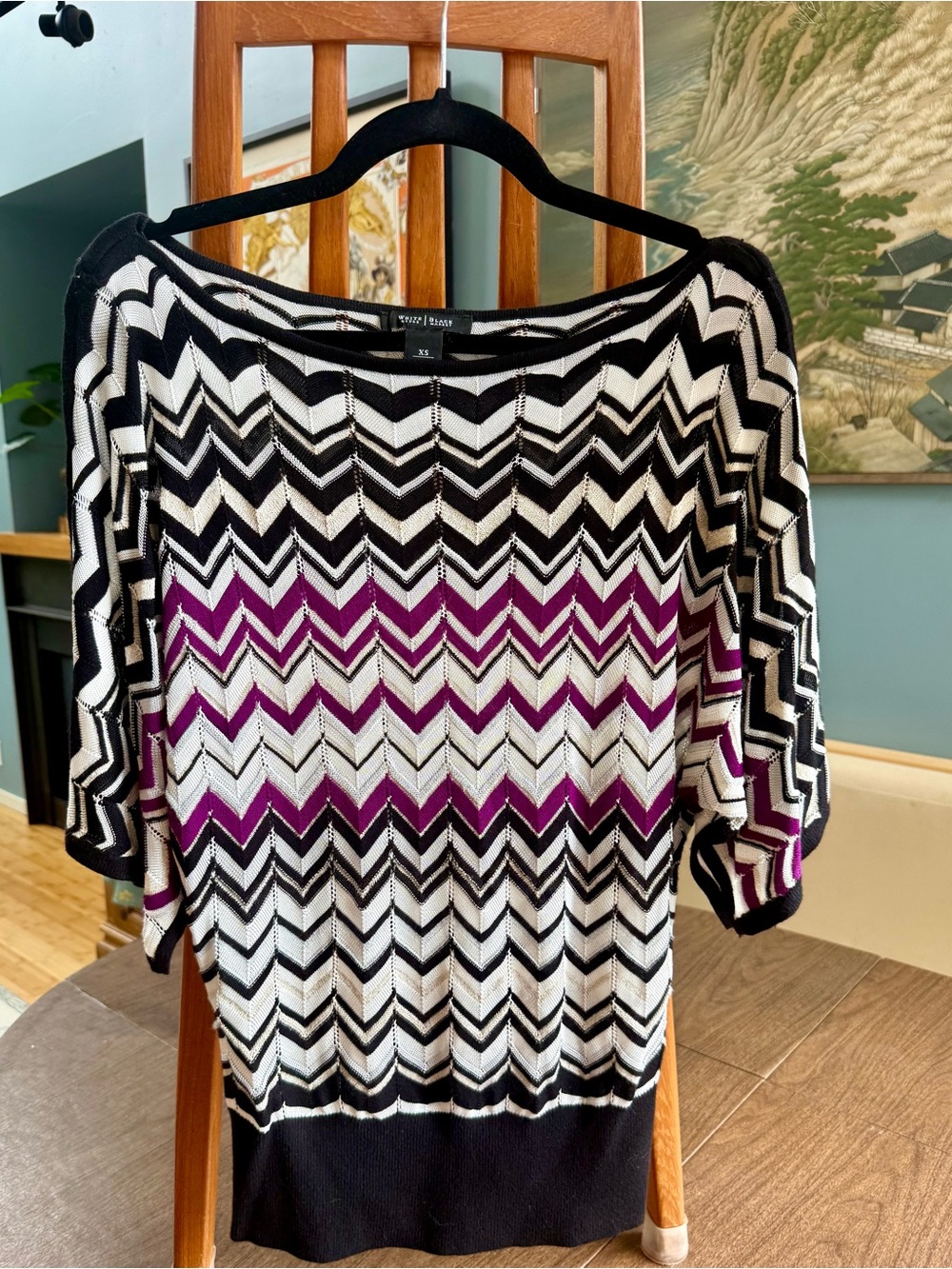 WHBM Chevron Black, White & Purple Zigzag Knit Top